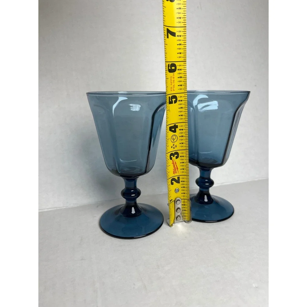 Vintage Lenox Glass Water Goblets Paneled Stemware Set/2 Smoke Blue Made in USA